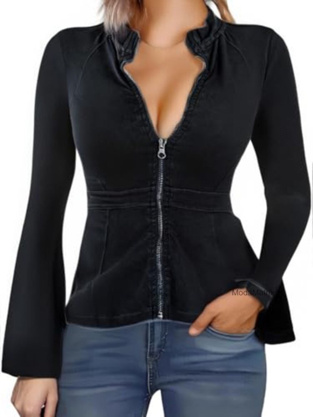 Women's Denim Peplum Jacket Zip Front Long Sleeve Casual Blazer Coat
